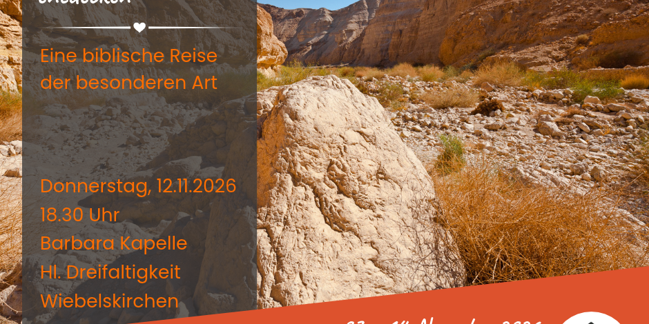 Informationen zur Bibliolog Veranstaltung mit Wüstenszene eines Wadis im Hintergrund darunter ein rotes Feld mit weißer Schrift 'Woche der Menschlichkeit' und dDatum, sowie den Logos der KEB und der Pfarrei