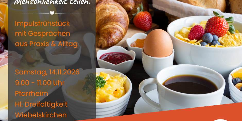 Impulsfrühstück Fühstücjstisch mit Ei, Brötchen, Croissants und Kaffee - dazu die Informationen zur Veranstaltung