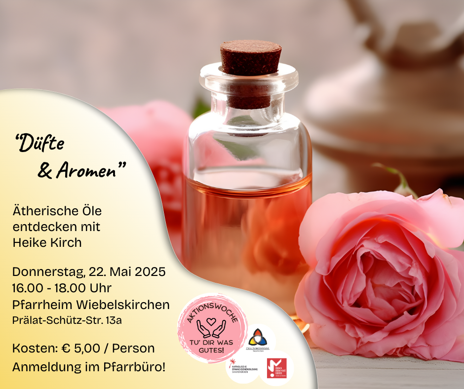 Bild mit rosafarbener Rose und Duftflakon. Daneben die Daten zur Veranstaltung.
