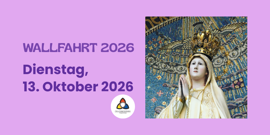 Violetter Hintergrund, Fatima Madonna Wiebelskirchen und Termin der Wallfahrt im Oktober, sowie Logo der Pfarrei.