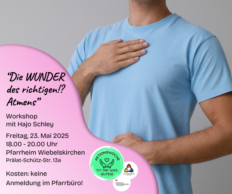 Bild eines männlichen Oberkörpers im hellblauen T-Shirt, ein Atm ist auf die Brust gelegt. Daneben die Daten der Veranstaltung.