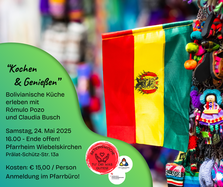 Das Bild zeigt die Bolivianische Flagge und Püppchen aus Bolivien. Daneben die Daten zur Veranstaltung.
