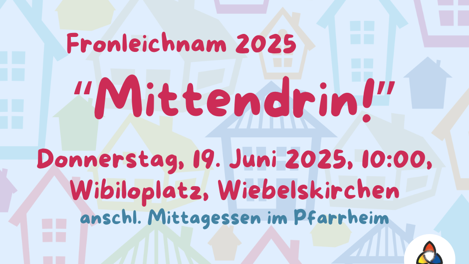 Im Hintergrung hellblau mit comicähnlichen Häusern - im Vordergrund der Schriftzug 'Mittendrin!'