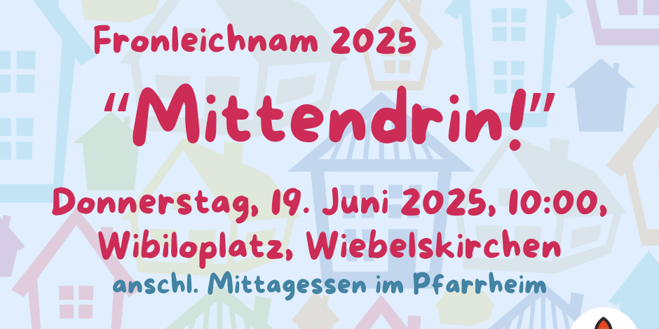 Im Hintergrung hellblau mit comicähnlichen Häusern - im Vordergrund der Schriftzug 'Mittendrin!'
