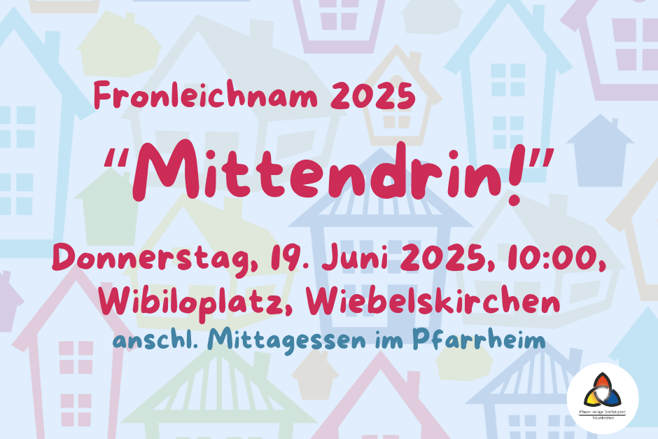 Im Hintergrung hellblau mit comicähnlichen Häusern - im Vordergrund der Schriftzug 'Mittendrin!'