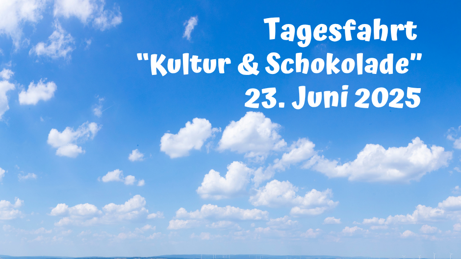 Blauer Himmel mit Wolken über saarländischer Landschaft mit Fernsicht, dazu der Titel der Veranstaltung.