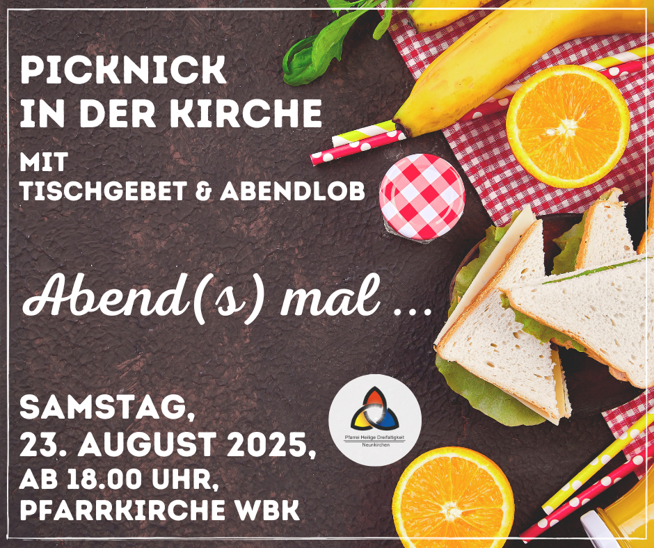 Schwarzer Hintergrund mit Orangenhälften, Banane und dreieckingen Sandwiches, daneben in weißer Schrift die Informationen zur Veranstaltung.