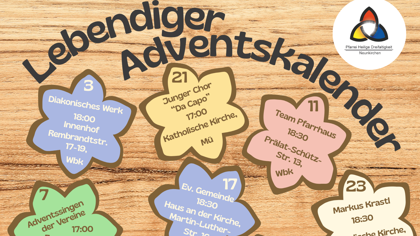 Der Kalender zeigt bunte Plätzchen mit den Terminen der 16 Adventsfenster in der Pfarrei.