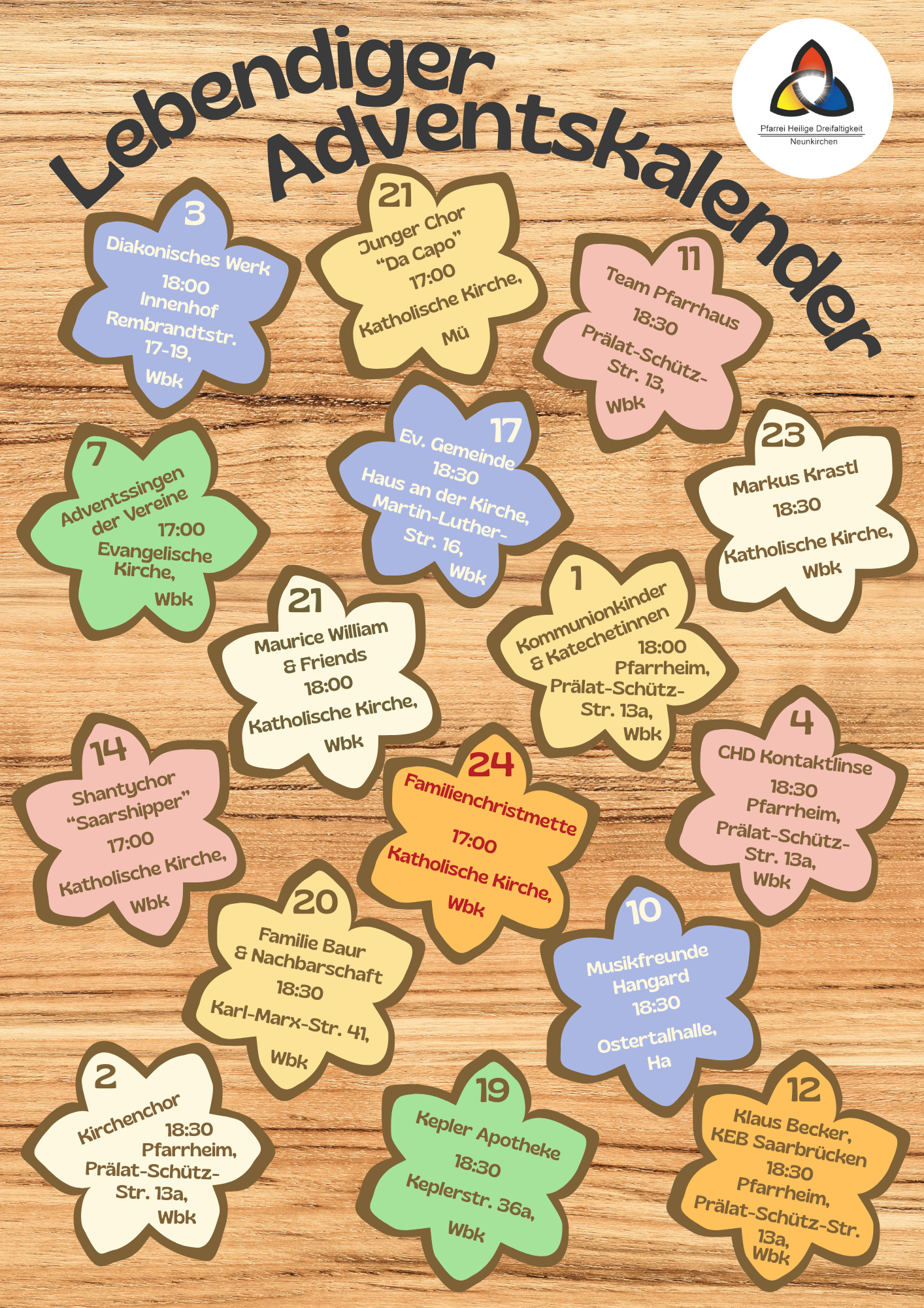 Der Kalender zeigt bunte Plätzchen mit den Terminen der 16 Adventsfenster in der Pfarrei.