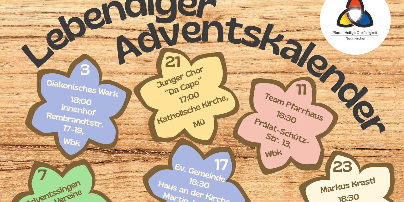 Der Kalender zeigt bunte Plätzchen mit den Terminen der 16 Adventsfenster in der Pfarrei.
