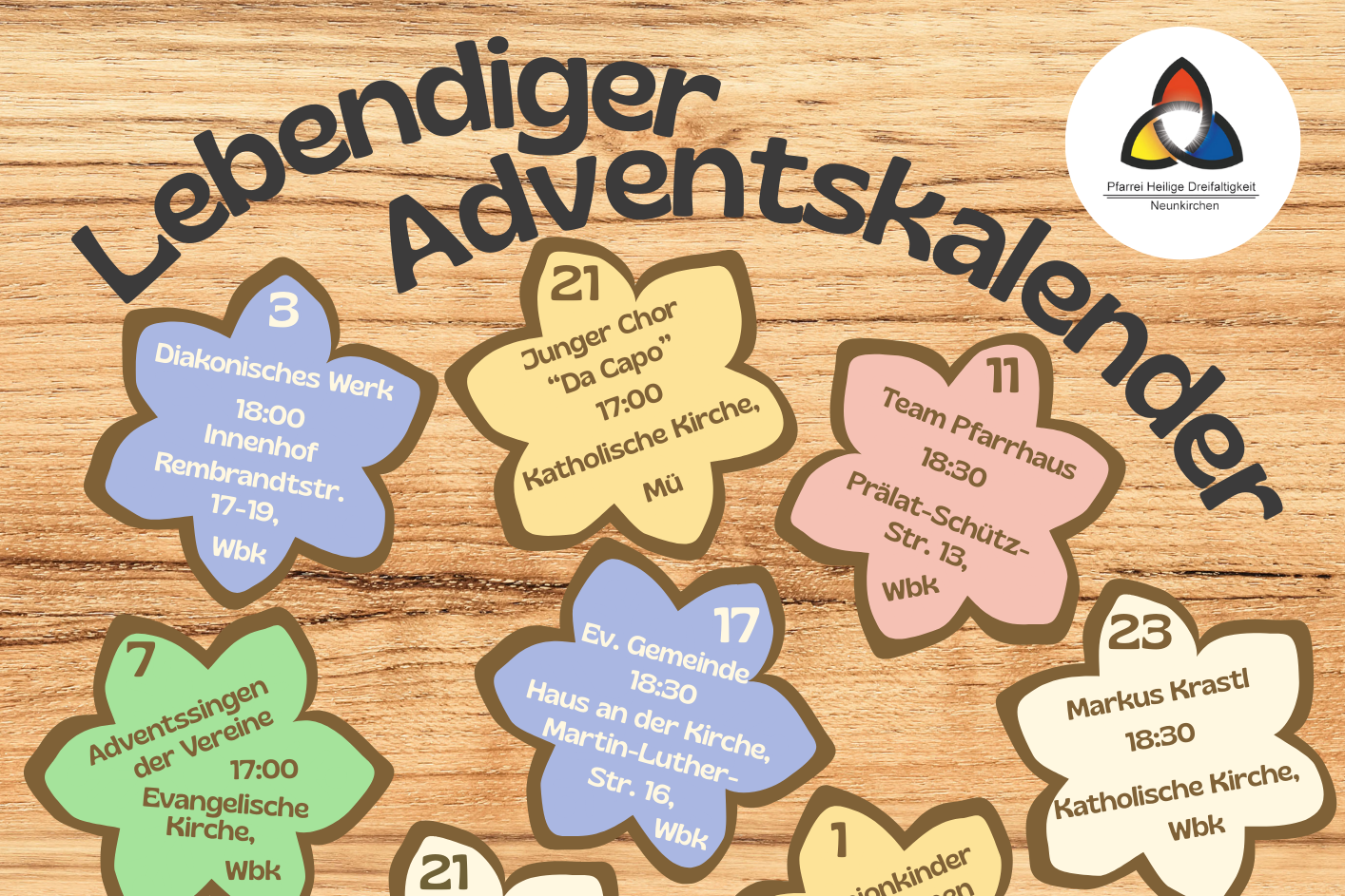 Der Kalender zeigt bunte Plätzchen mit den Terminen der 16 Adventsfenster in der Pfarrei.