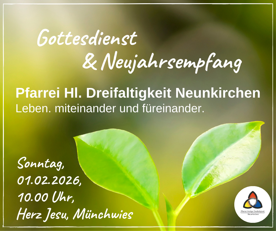 Zarte Planze mit zwei hellgrünen Blättern kommt aus dem Erdboden. Daneben Text mit Einladung zu Gottesdienst und Neujahrsempfang.