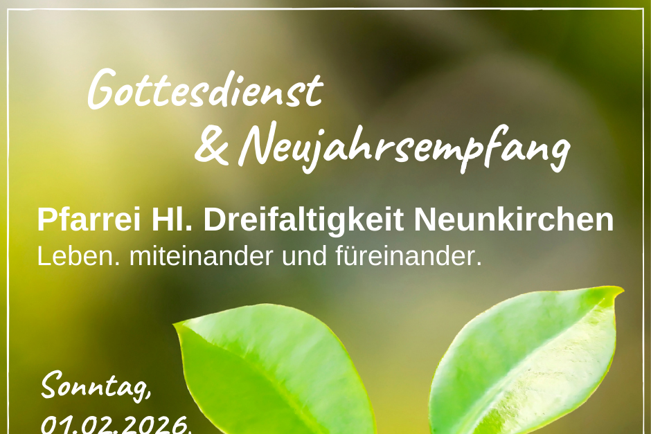 Zarte Planze mit zwei hellgrünen Blättern kommt aus dem Erdboden. Daneben Text mit Einladung zu Gottesdienst und Neujahrsempfang.
