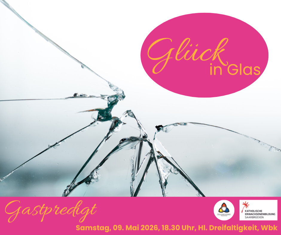 Zerbrochene Glasscheibe mit Logo zur Ausstellung und Informationen zum Gottesdienst
