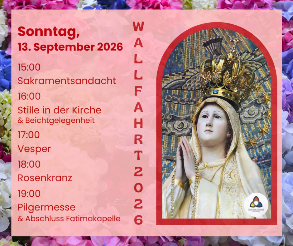 Bild Unserer Lieben Frau von Fatima und Programm des Wallfahrtstages auf rotem Hintergrund vor bunten Hortensienblüten.