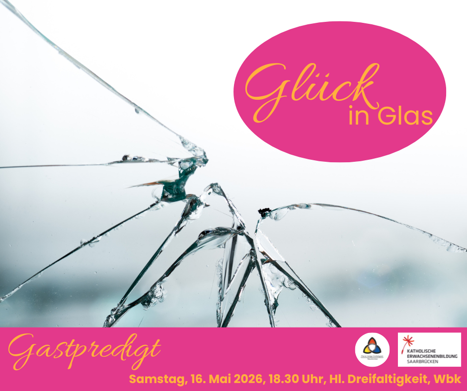 Zerbrochene Glasscheibe mit dem Logo der Ausstellunmg und Informationen zum Gottesdienst