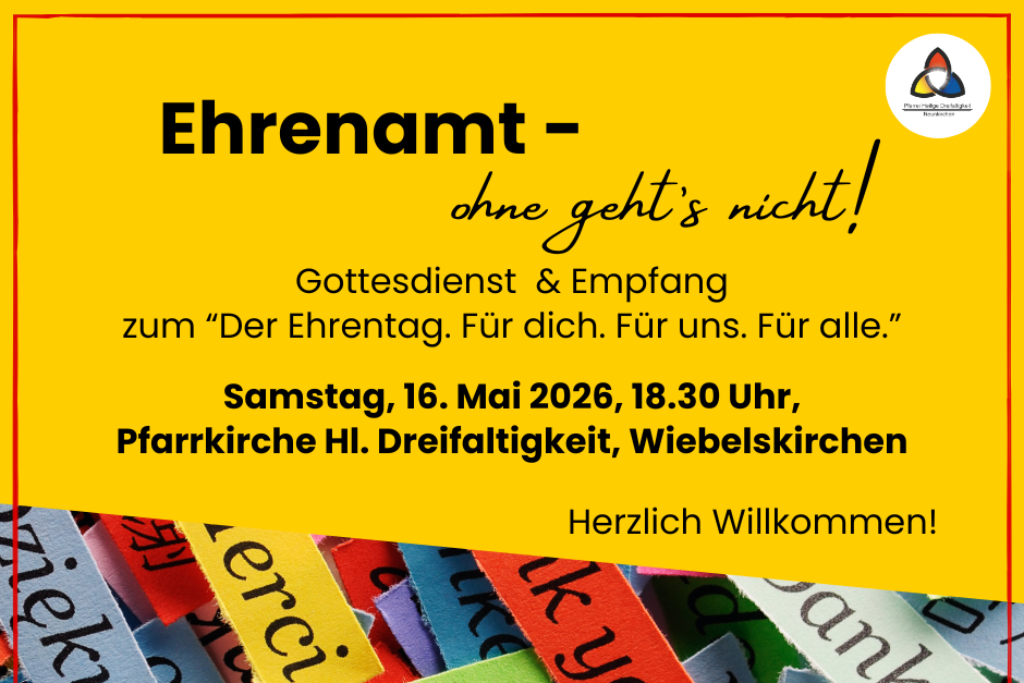 Das Wort 'Danke' in verschiedenen Sprachen, darüber ein leuchtend gelbes Textfeld mit Schrift in schwarz.