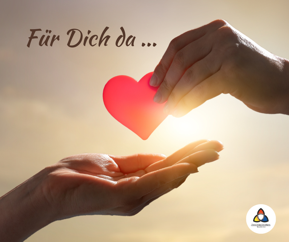 Zwei Hände vor einem Sonnenuntergang. Eine Hand hält ein rotes Herz und reicht es einer anderen empfangenden Hand. Darüber der Schriftzug 'Für Dich da...'.