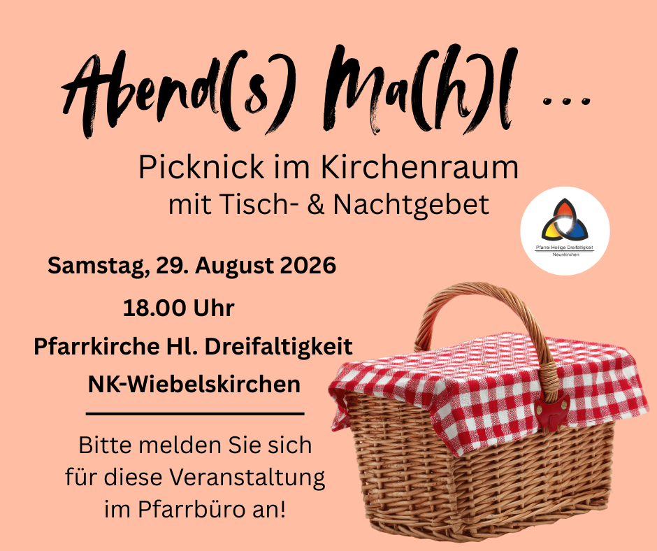 Pastellorangefarbener Hintergrund, ein Picknickkorb mit rot-weiß kariertem Tuch udn die Informationen zur Veranstaltung.