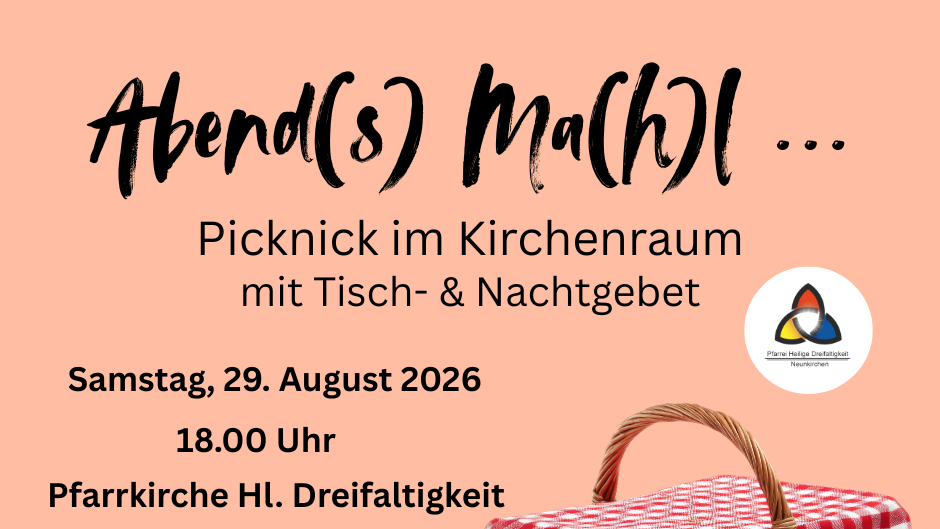Pastellorangefarbener Hintergrund, ein Picknickkorb mit rot-weiß kariertem Tuch udn die Informationen zur Veranstaltung.
