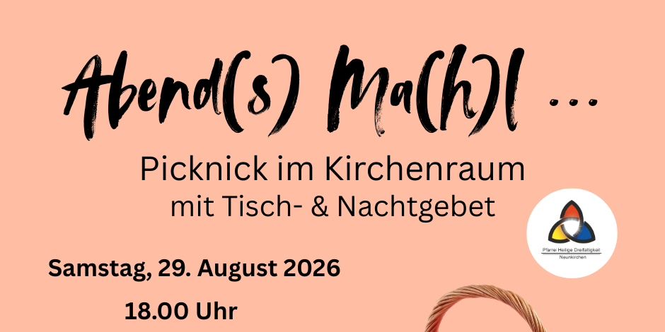Pastellorangefarbener Hintergrund, ein Picknickkorb mit rot-weiß kariertem Tuch udn die Informationen zur Veranstaltung.