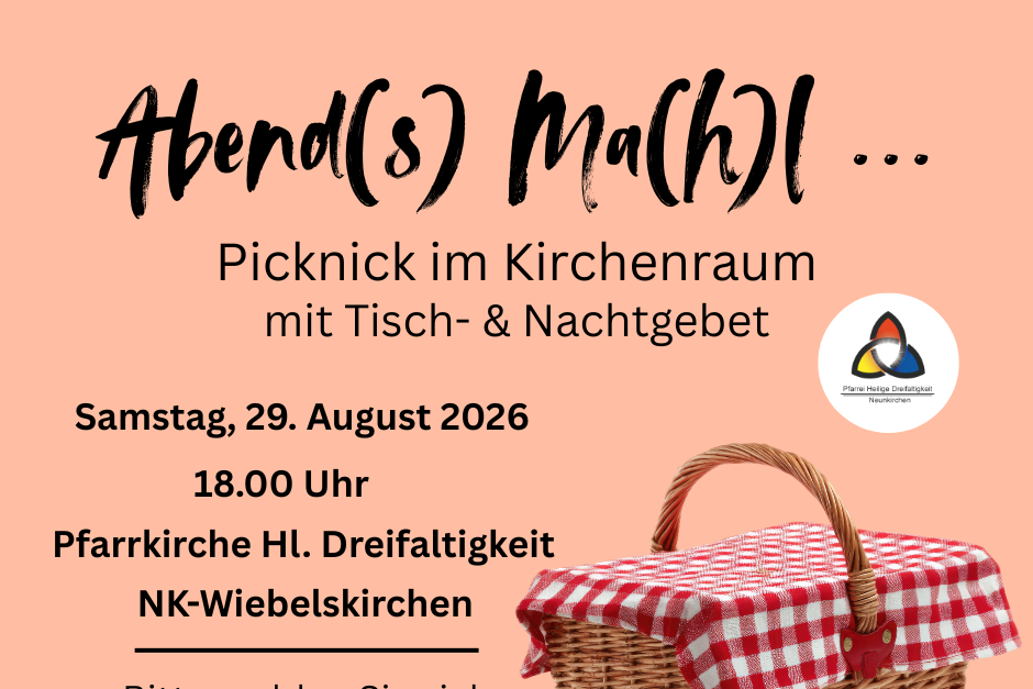 Pastellorangefarbener Hintergrund, ein Picknickkorb mit rot-weiß kariertem Tuch udn die Informationen zur Veranstaltung.
