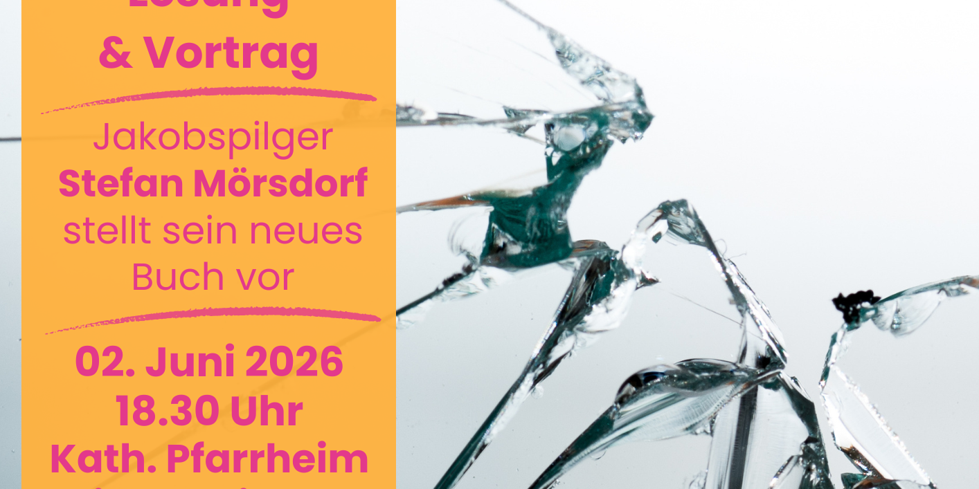 Plakat zur Autorenlesung mit Stefan Mörsdorf, orangefarbene Textfelder, Schriftfarbe magenta vor zerbrochener Glasscheibe.