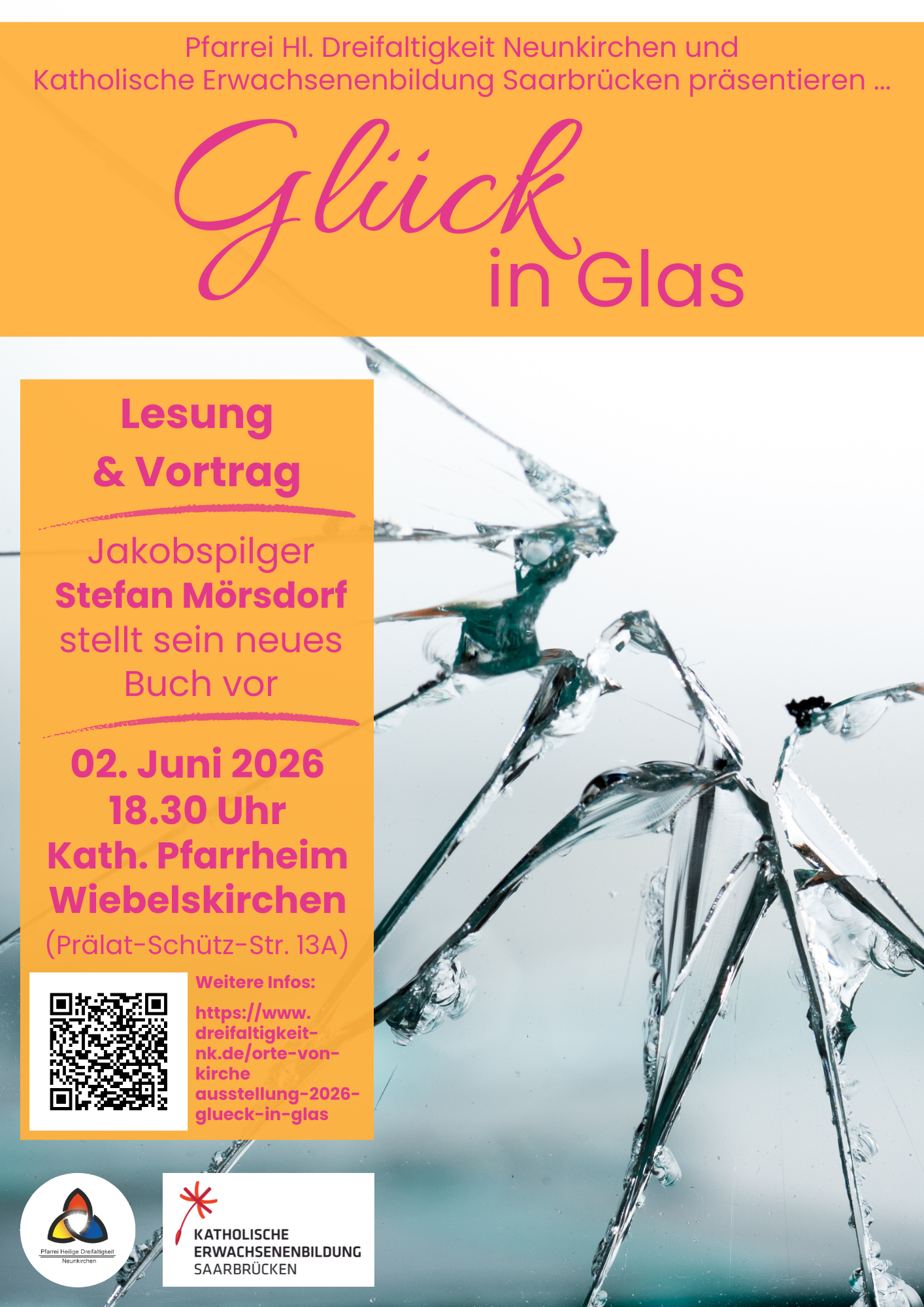 Plakat zur Autorenlesung mit Stefan Mörsdorf, orangefarbene Textfelder, Schriftfarbe magenta vor zerbrochener Glasscheibe.