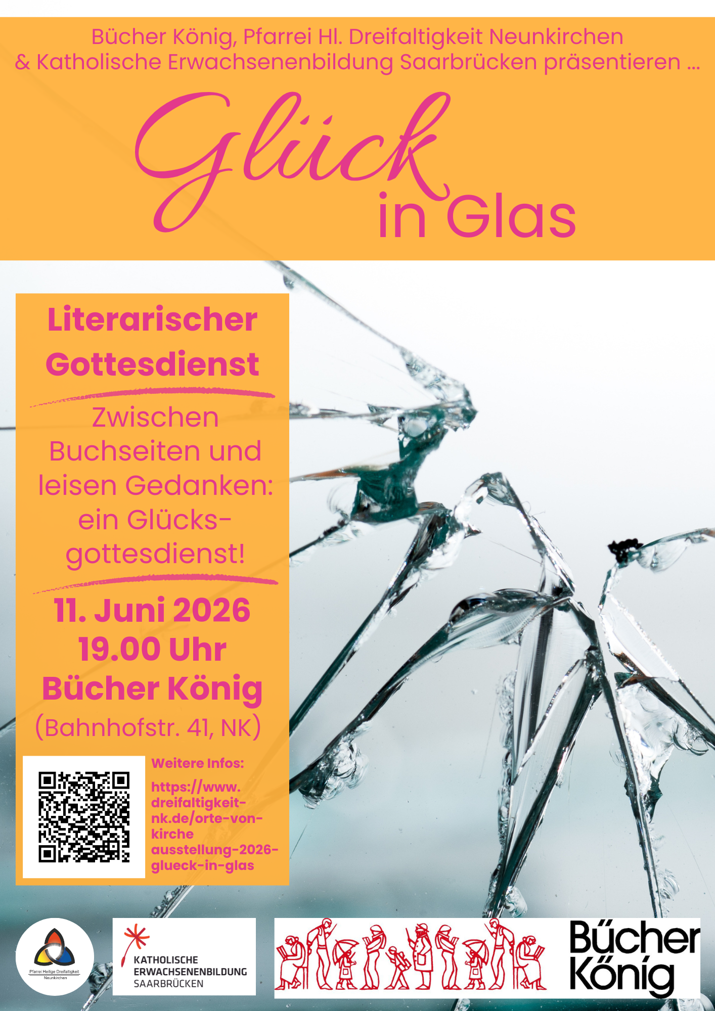 Plakat zum Literarischen Gottesdienst mit zerbrochener Glasscheibe, orangenen Textfeldern und Schrift in magenta.