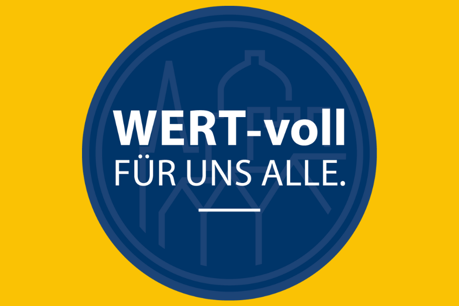 Logo vom Tag des Offenen Denkmals auf dunkelblauem Grund vor goldgebem Hintergrund