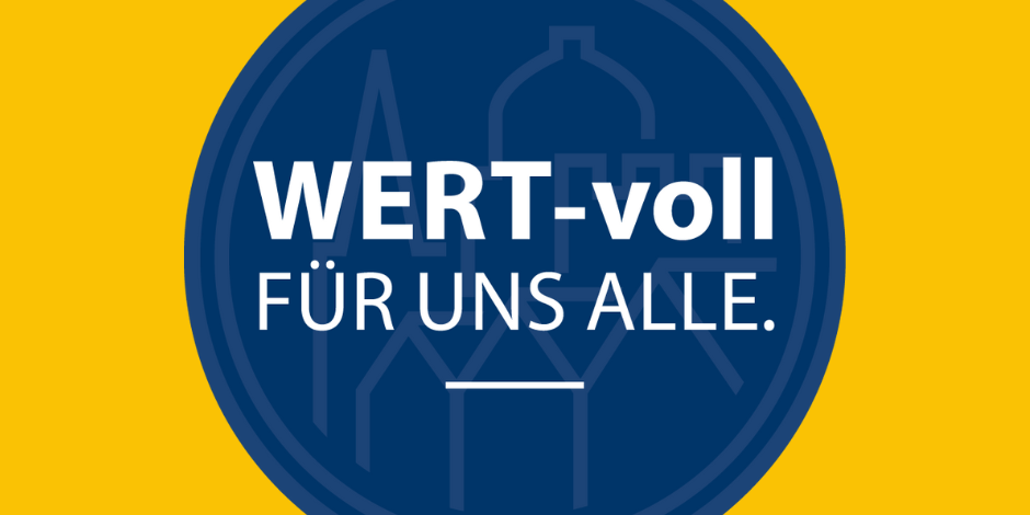 Logo vom Tag des Offenen Denkmals auf dunkelblauem Grund vor goldgebem Hintergrund