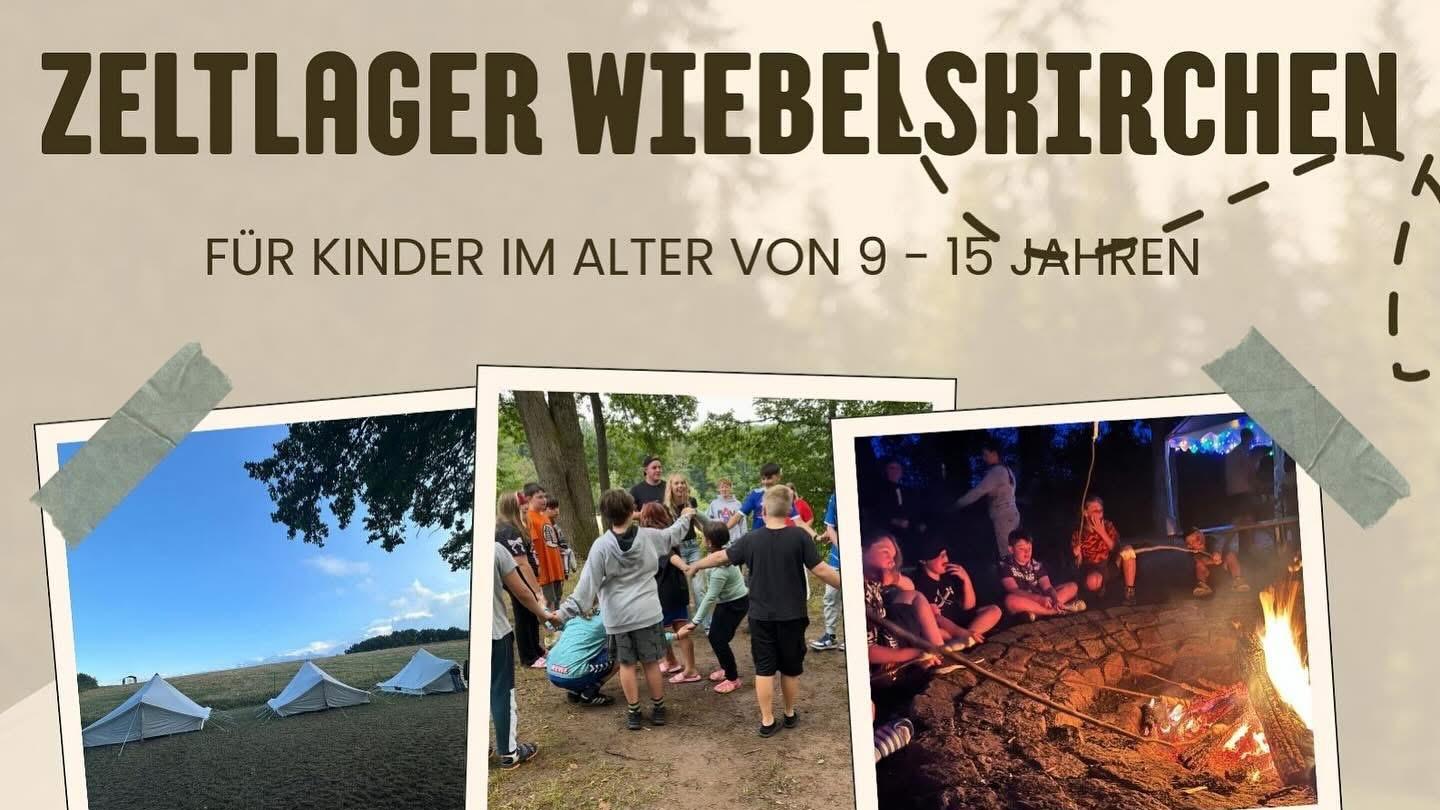 Hellbraunes Infoplakat mit Fotos von vergangenen Freizeiten und Informationen zum Zeltlager 2026.