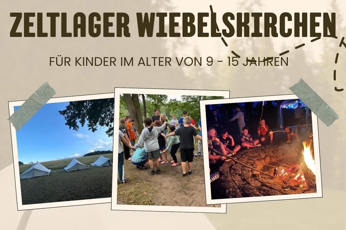 Hellbraunes Infoplakat mit Fotos von vergangenen Freizeiten und Informationen zum Zeltlager 2026.