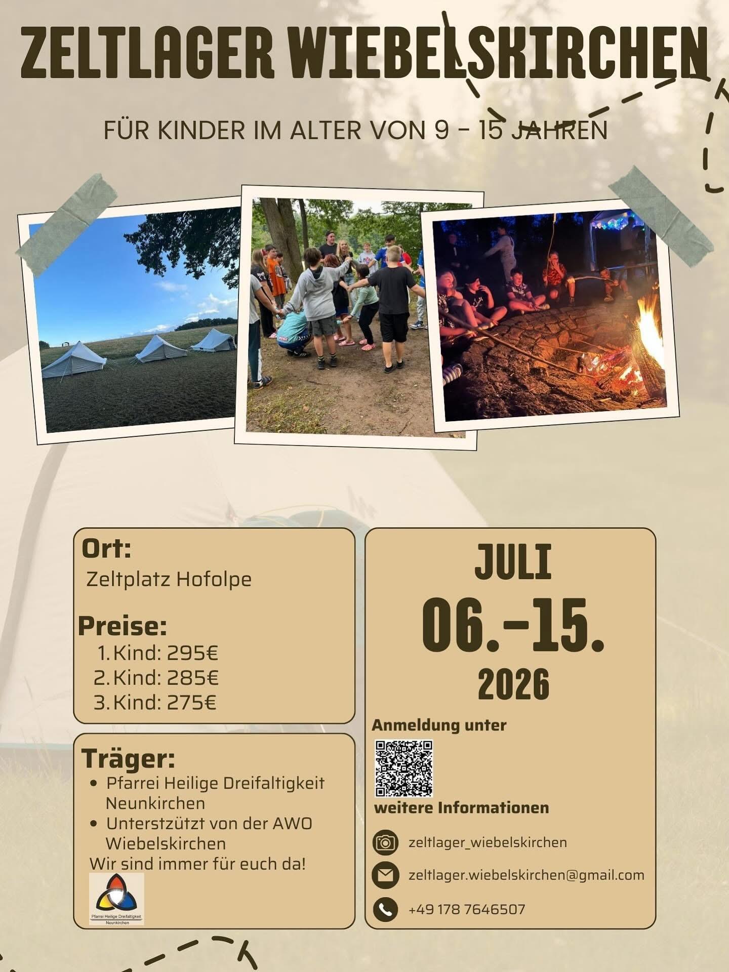 Hellbraunes Infoplakat mit Fotos von vergangenen Freizeiten und Informationen zum Zeltlager 2026.