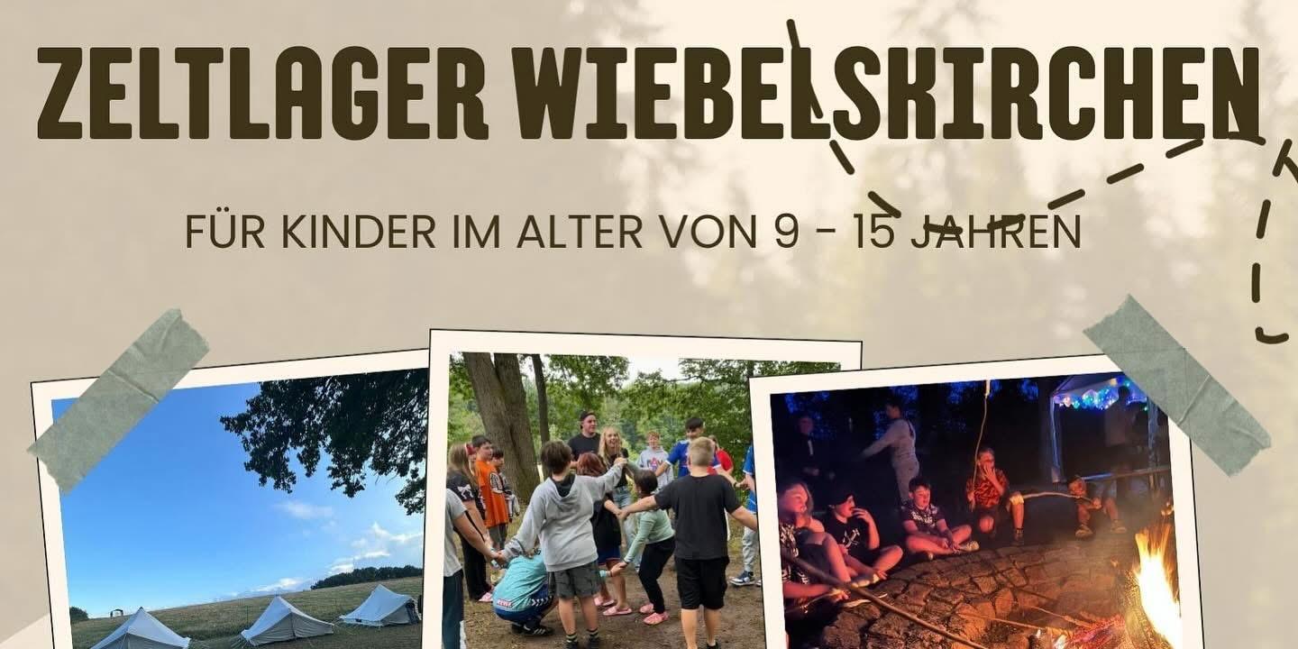 Hellbraunes Infoplakat mit Fotos von vergangenen Freizeiten und Informationen zum Zeltlager 2026.