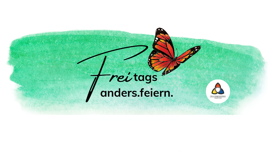 Logo für das neue Gottesdienst format Freitags mit Schmetterling in orange und grünem Hintergrund