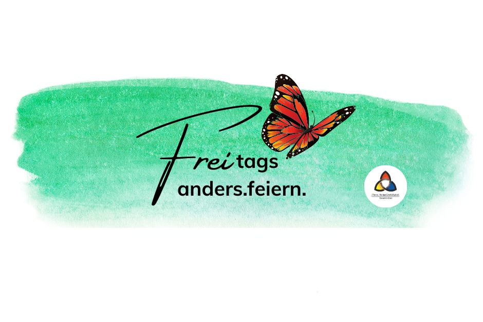 Logo für das neue Gottesdienst format Freitags mit Schmetterling in orange und grünem Hintergrund