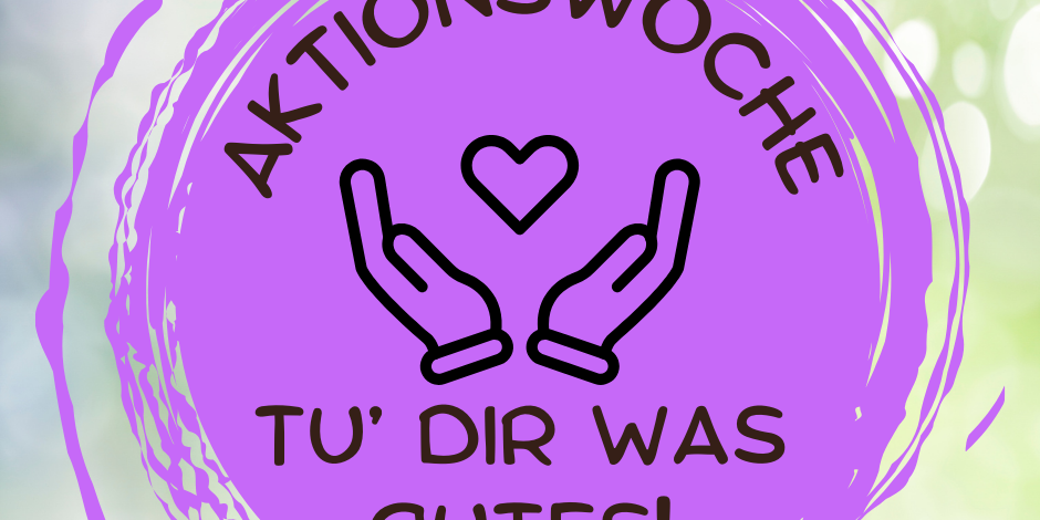 Logo der Aktionswoche - geöffnete Hände mit Herz dazwischen - in violett mit hellgrünem Hintergrund.