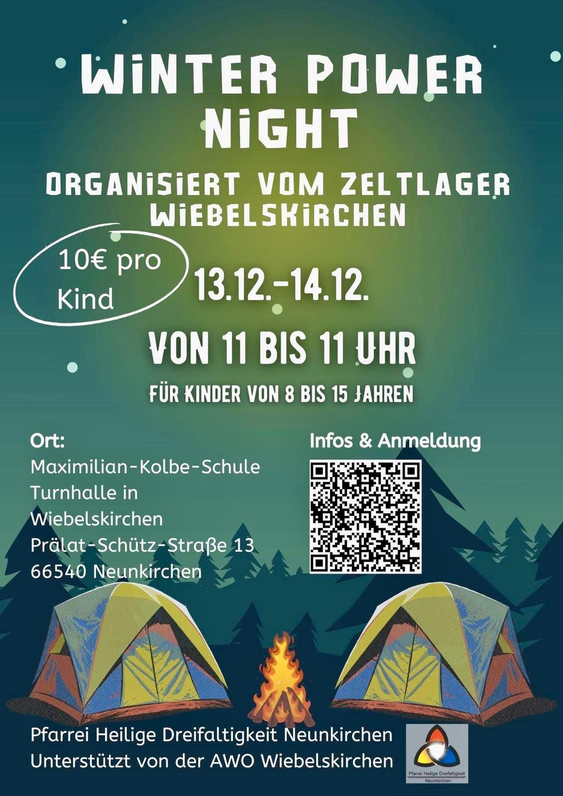 Plakat mit den Informationen zur Veranstaltung im Comic Stil - dunkelgrüne Nacht mit Zelten vor Wald.